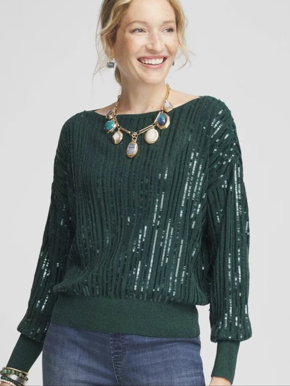 Chico's Women's Emerald Green Sequin Boatneck Sweater Size L